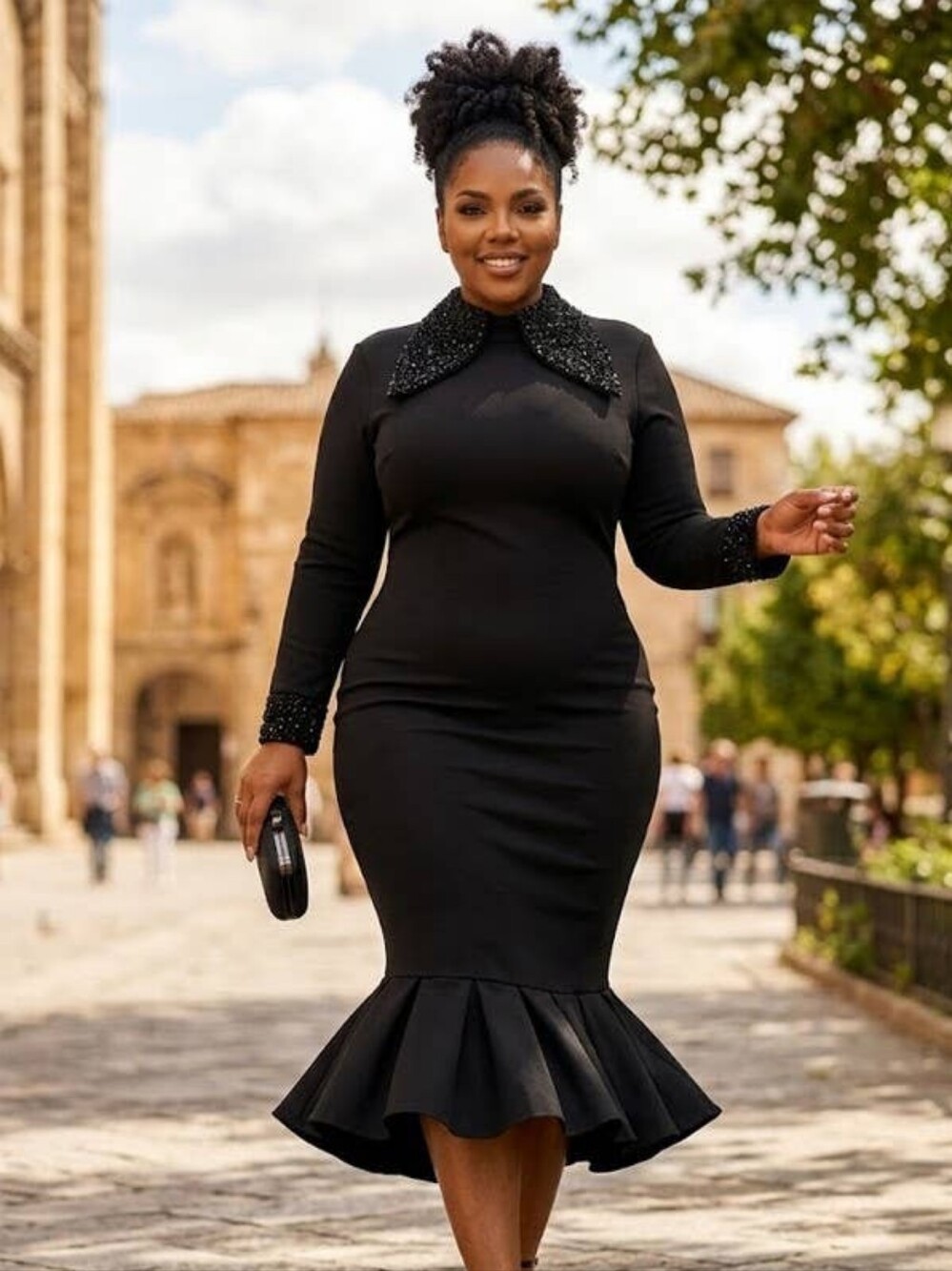 Elegant Black  Long-Sleeve Mermaid Dress with Beaded Collar